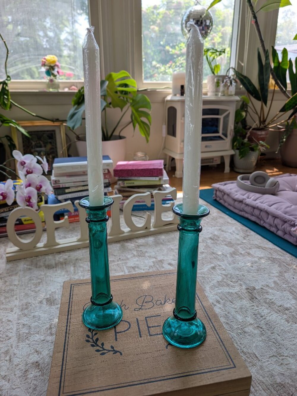 Turquoise glass candlesticks